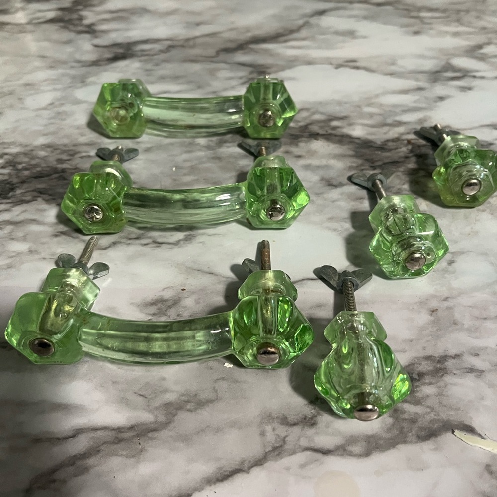 12-Authentically Vintage Elegant green glass 6 drawer pulls and 6 knobs